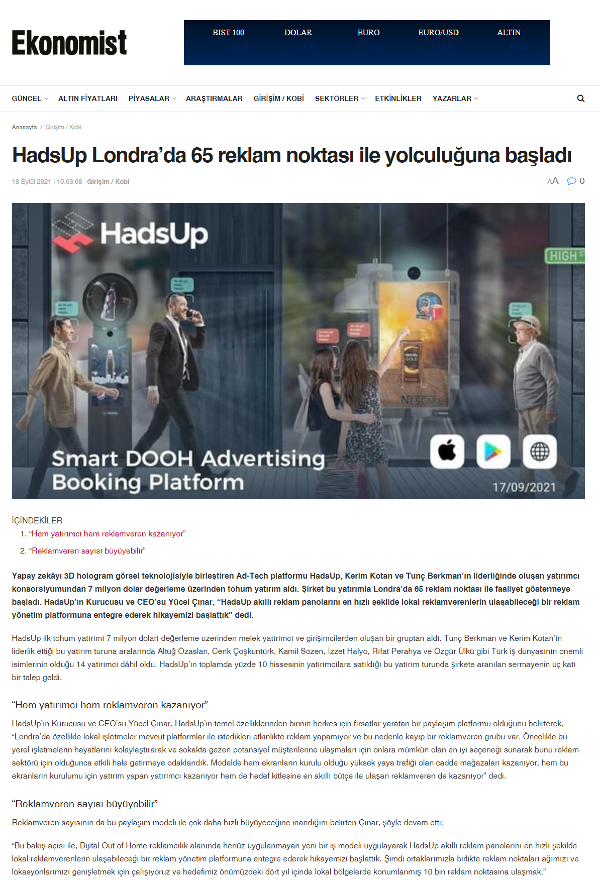 ekonomist HadsUp Londrada 65 reklam noktasi ile yolculuguna basladi